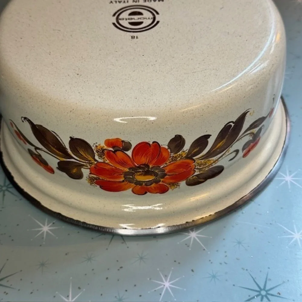 Vintage 1970s Moneta #18 Enamel Saucepan Pot Orange &‎ Brown Floral Boho Italy